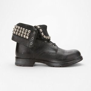 Frye Rogan Black Leather Studded Fold Over Lace Combat Ankle Boots Punk Grunge